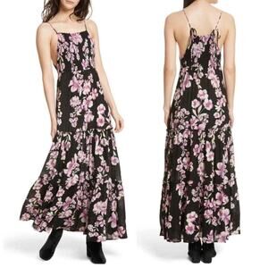 Free People Garden Party Tiered Maxi Dress Black Pink Floral SMALL Resort Summer